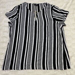 Tacera Blouse Women's Size XL White/Black Polyester Striped Split Neck Pullover